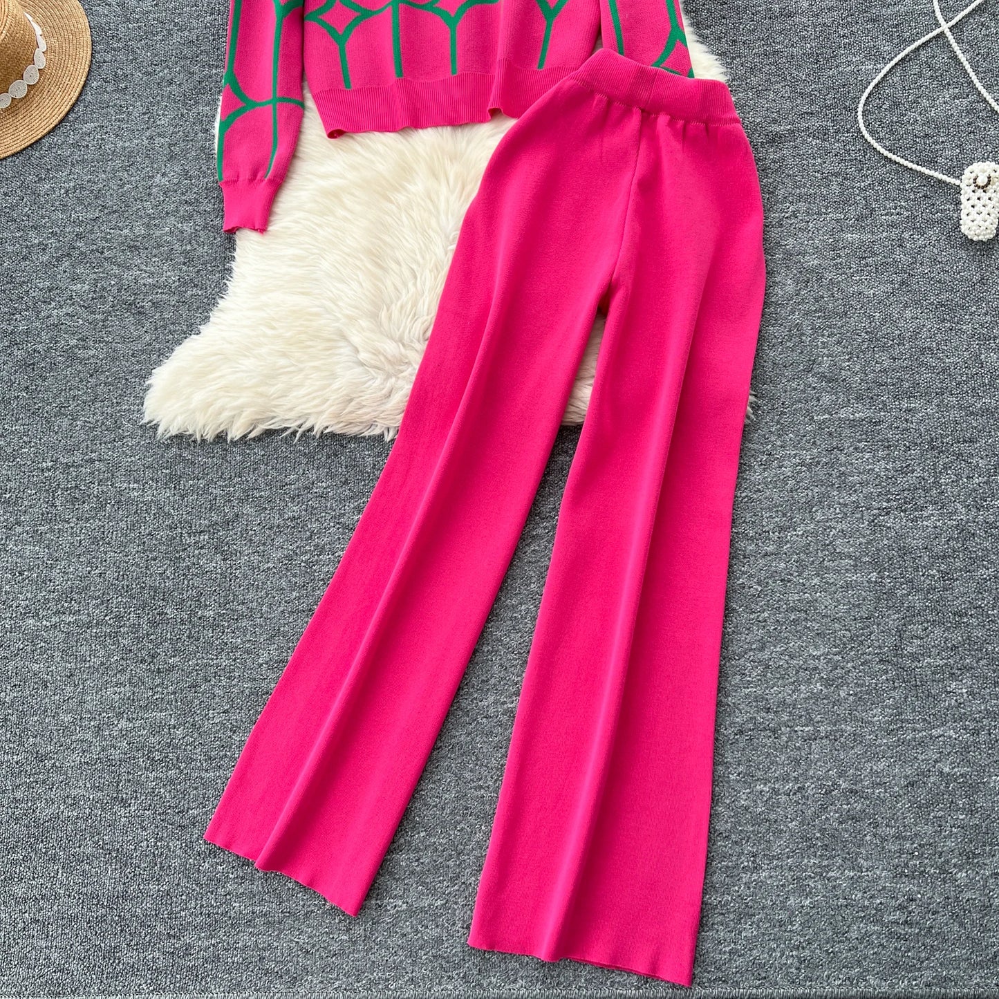 Knitted Two Piece Sets Women Autumn Winter Vintage Long Sleeved Printed Knitted Cardigan Sweater Wide Leg Pants Tracksuits