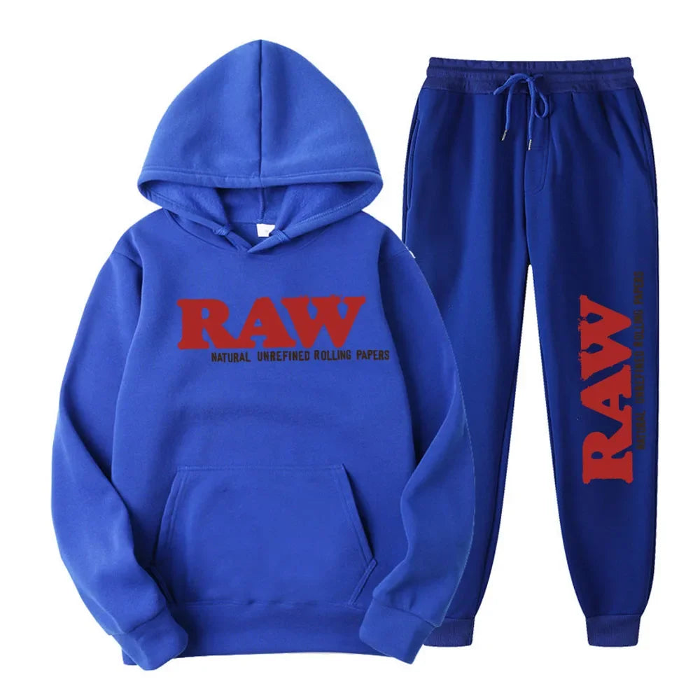 RAW Men's Set Hooded Fleece Hoodie Sweatpants Running Men's Two Pieces Set Autumn Winter Casual Woolen Sportswear Comfortable