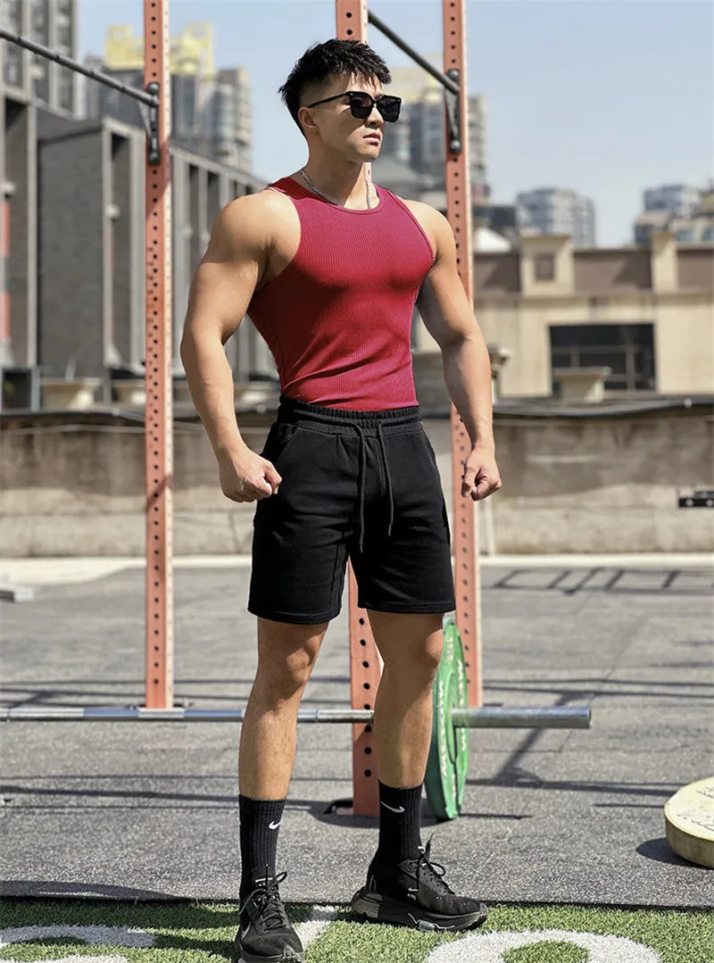 Men's vest Elasticity stripe Round Neck Oversized Sleeveless T-Shirt Gym Sports Fitness Running Training Bodybuilding Tank Top