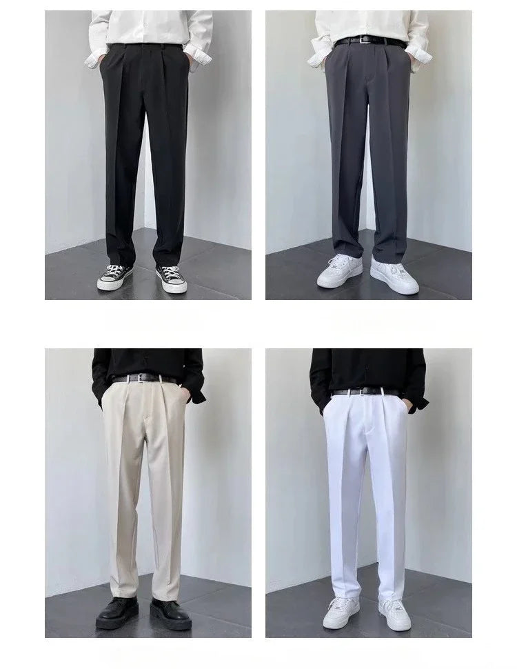 2024 New Men White Straight Pants Fashion Korean Loose Suit Trousers Casual Draped Baggy White Wide Pant Male Streetwear