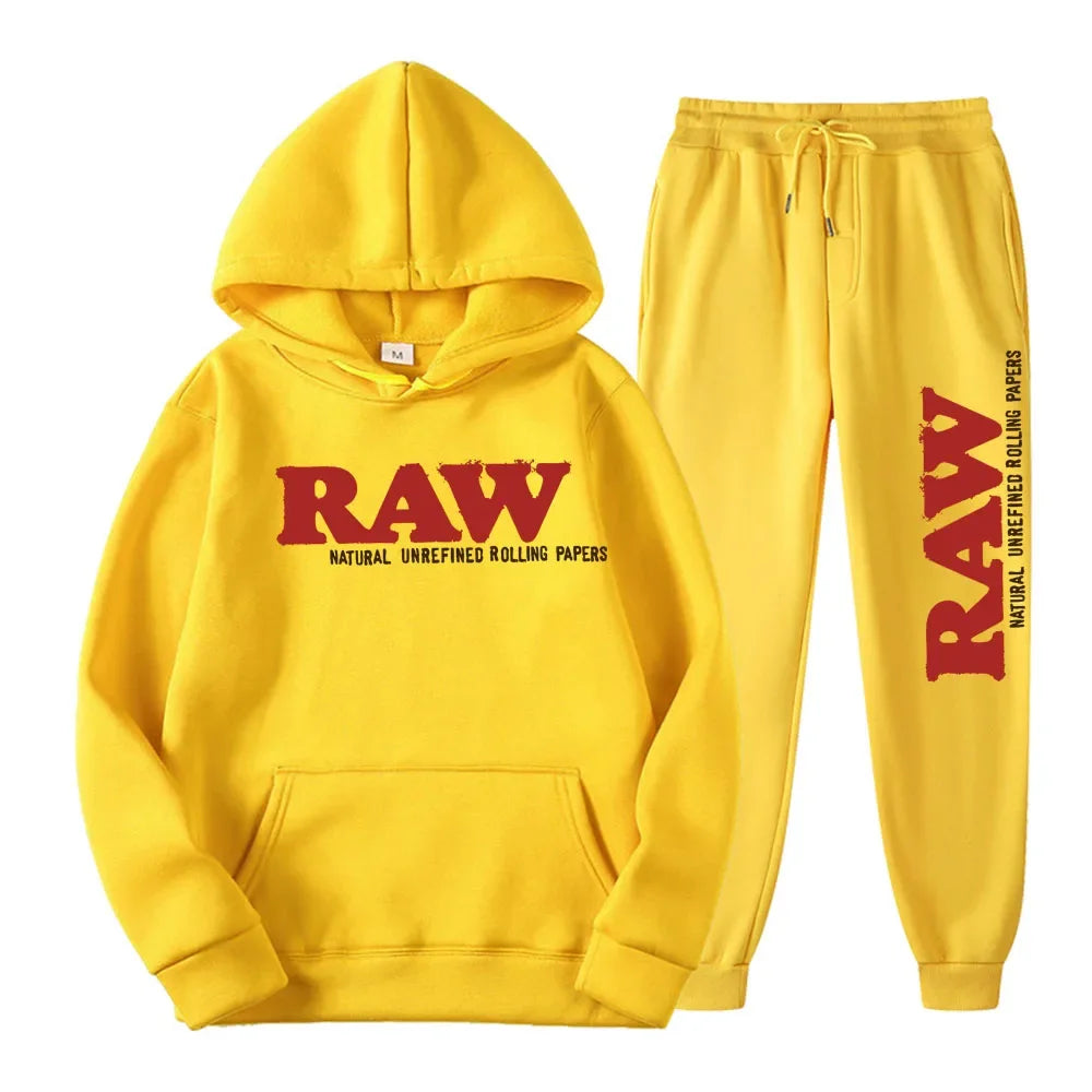 RAW Men's Set Hooded Fleece Hoodie Sweatpants Running Men's Two Pieces Set Autumn Winter Casual Woolen Sportswear Comfortable