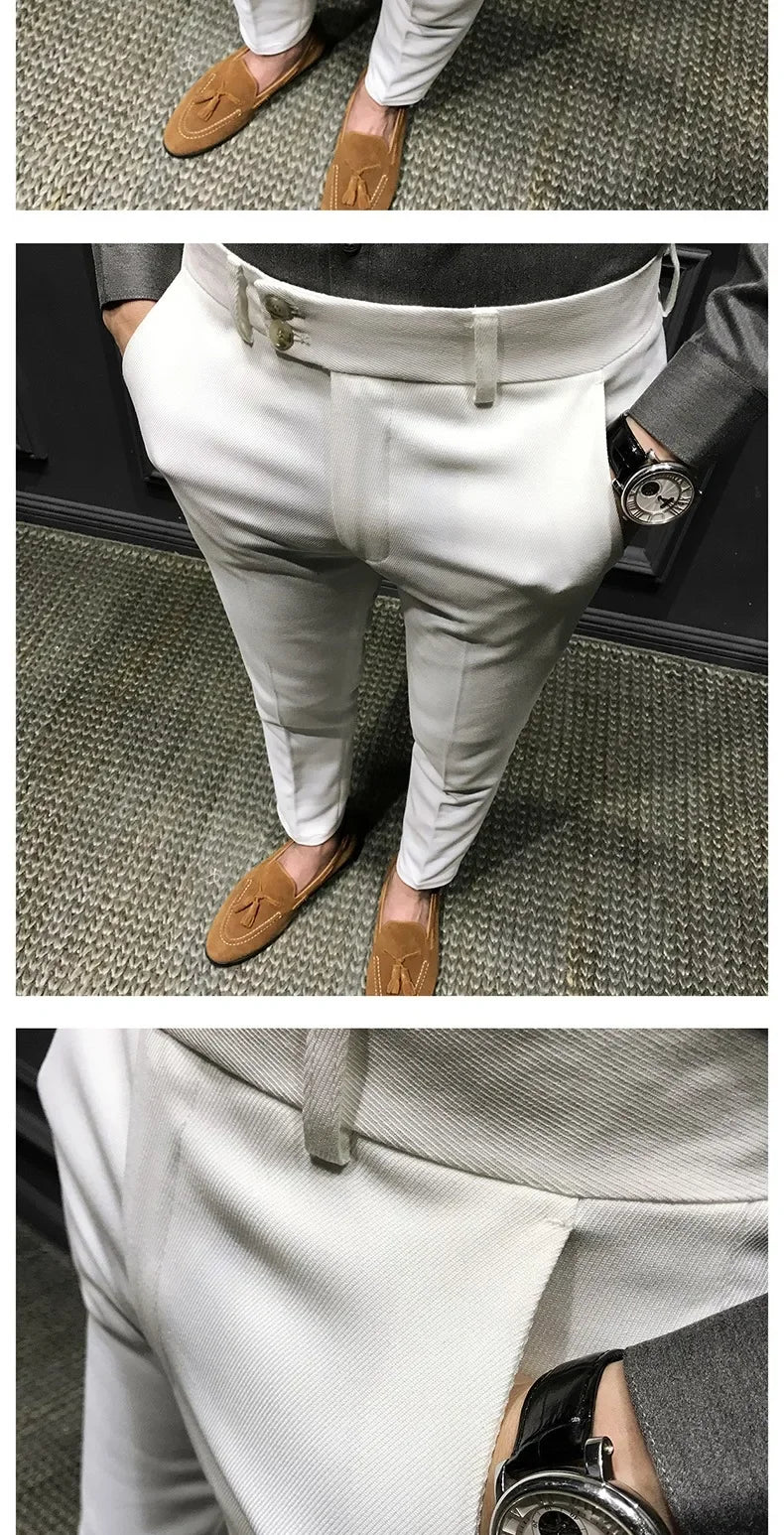 Spring Autumn Men's Slim Fit Korean Style Suit Pants Casual Nine Point Length Trendy White Pants For Office Wear