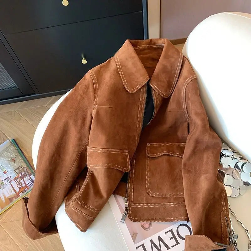 Autumn New Women's Collar Brown Pocket Jacket Coat