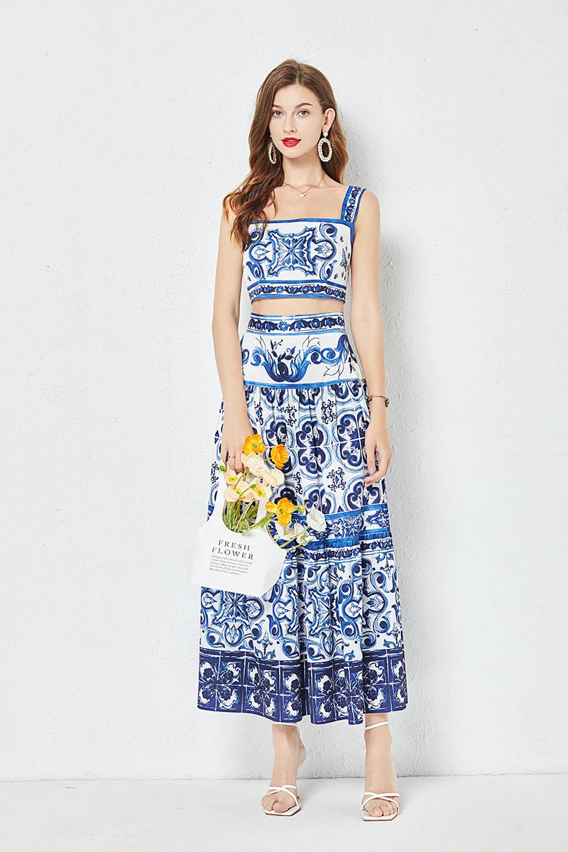 Summer Runway Blue And White Porcelain Two Piece Set Women Flower Print Short Crop Top + Holiday Beach Maxi Skirt Suits