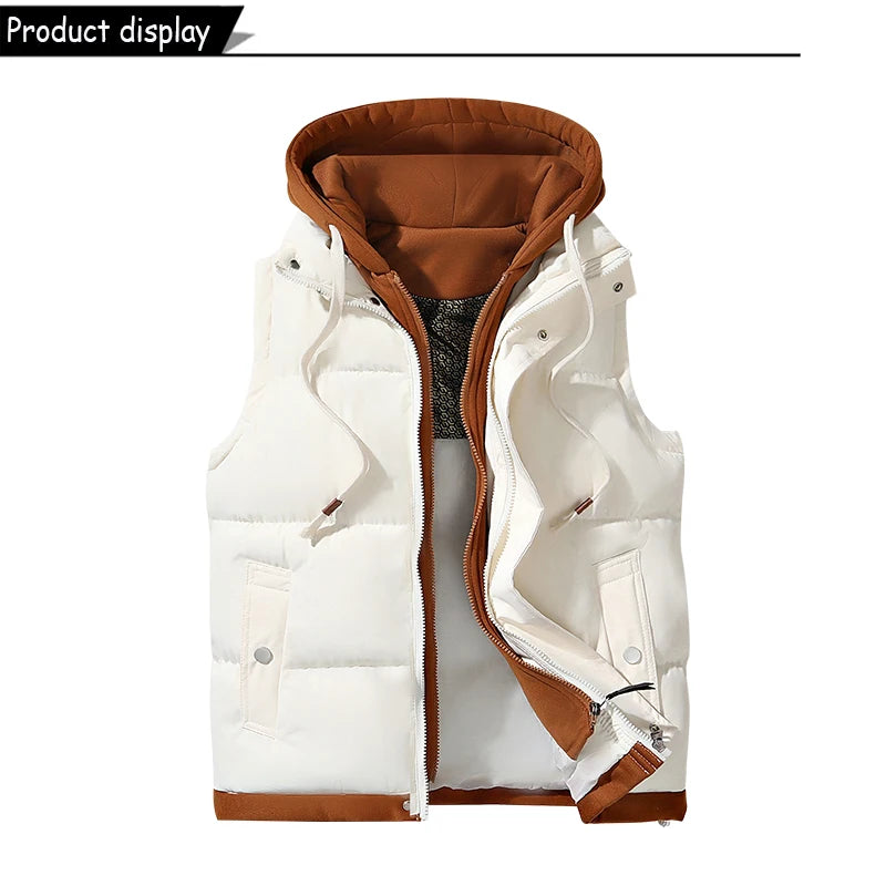 Hots Autumn Winter Men Outdoor Windproof Thick Warm Vest Men Hooded Sleeveless Waistcoat Casual Fashion Zipper Brand Vest Male