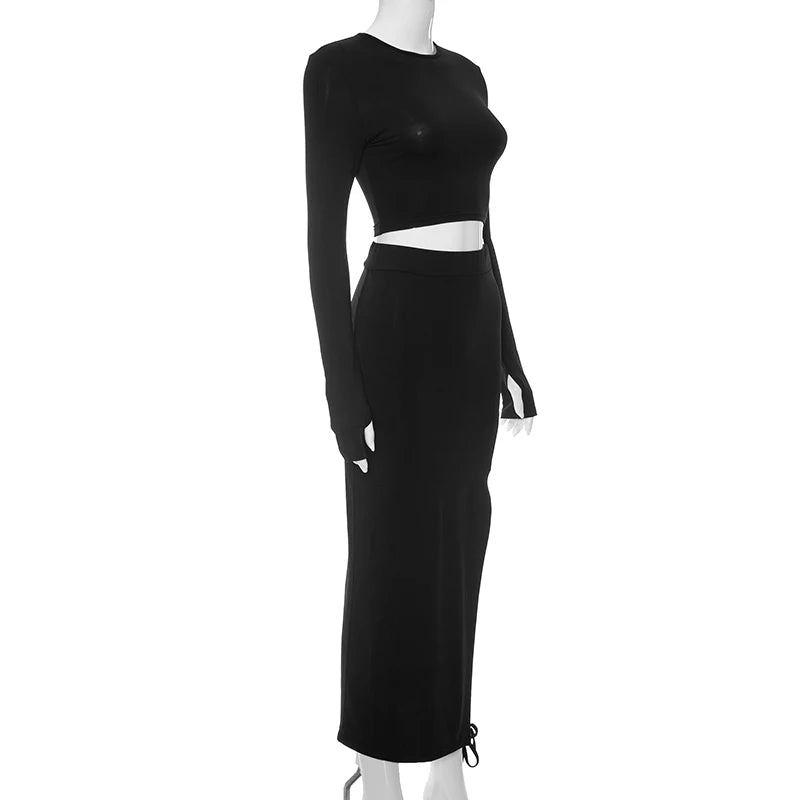 Pullover Long Sleeve Simple Crop Top Elastic Waist Halter High Split Legless Sexy Tie Solid Colour Half Skirt Set