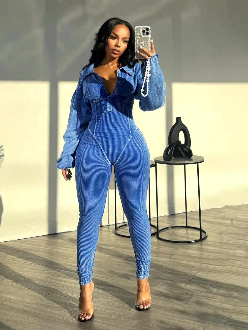 FAGADOER Fashion Solid High Quality Ribber Bodycon Jumpsuits Women V Neck Long Sleeve Slim Playsuits Female Elasticity Overalls