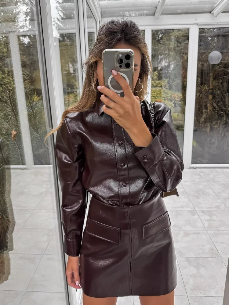 Fashion Women Leather Jacket Skirt Suit Elegant O-neck/lapel Single Breasted Female Coat High Waist Mini Skirts Ladies Sets