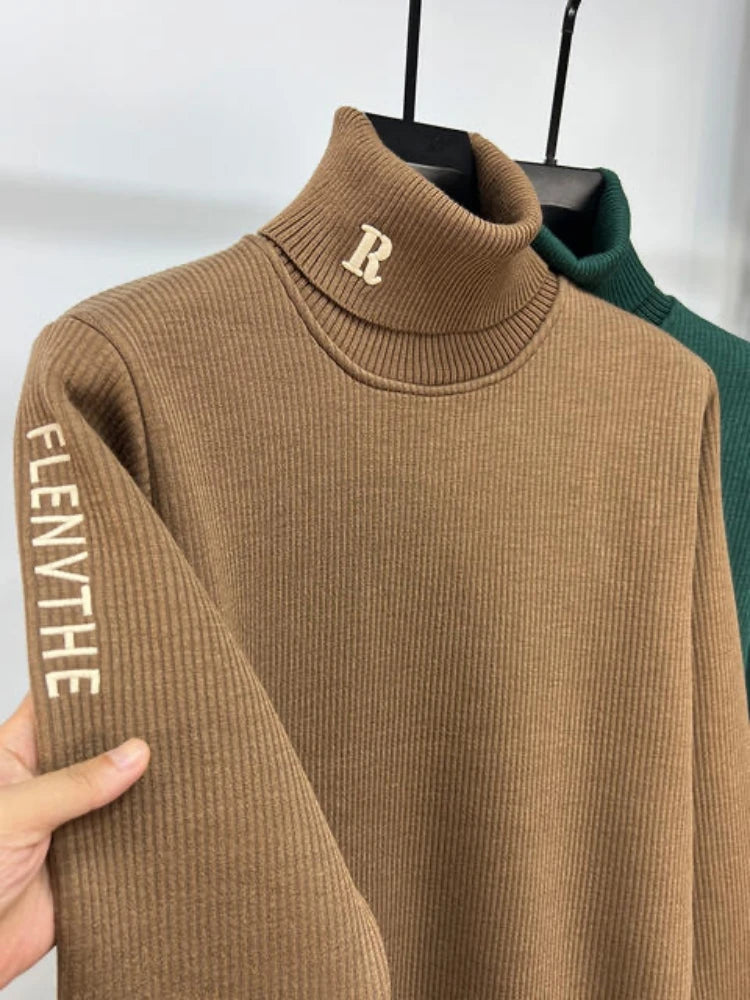 High end brand trend letter embroidery knitted sweater men's autumn winter new plush thickened casual warm high collar pullover