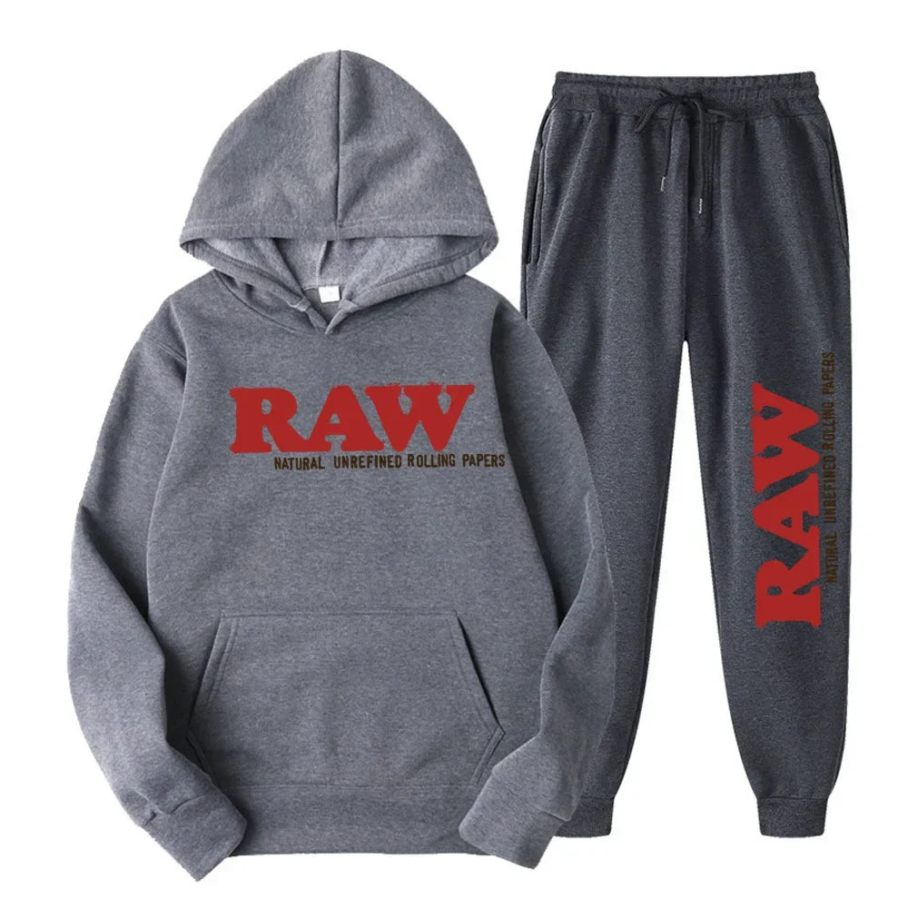 RAW Men's Set Hooded Fleece Hoodie Sweatpants Running Men's Two Pieces Set Autumn Winter Casual Woolen Sportswear Comfortable