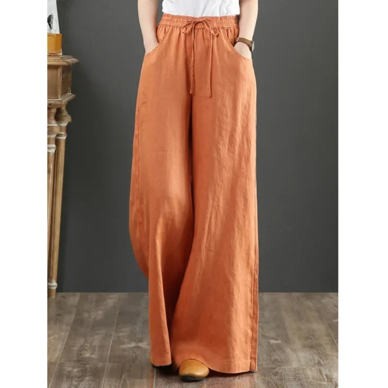 Wide Leg Pure Color Linen Pants For Women High Waist Drawstring Loose Fit Cotton Linen Trousers Plus Size White Long Pants