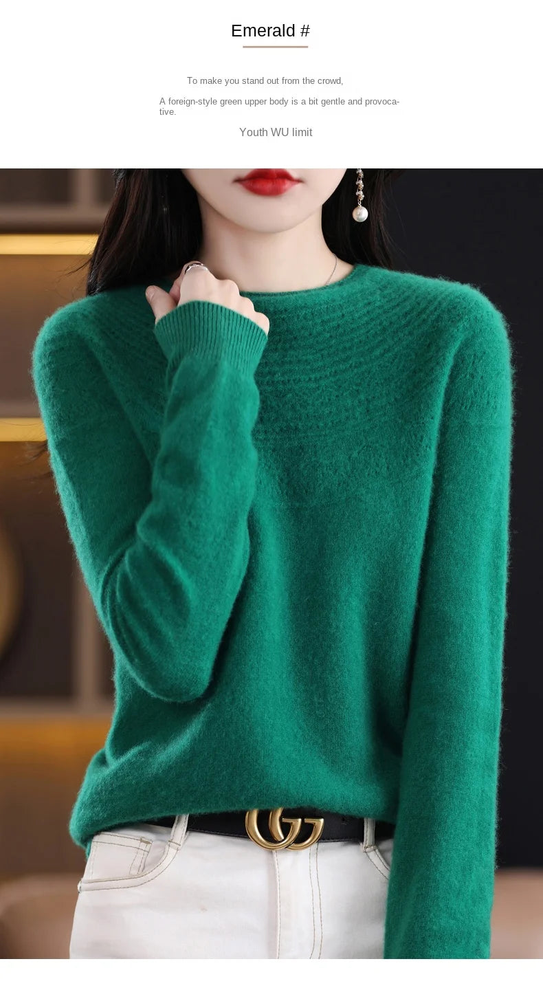 100% Merino Wool Knitted Sweater Autumn/Winter 2024 New Women's Round Neck Hollow Top 11 Color Pullover Versatile Coat NJR1107