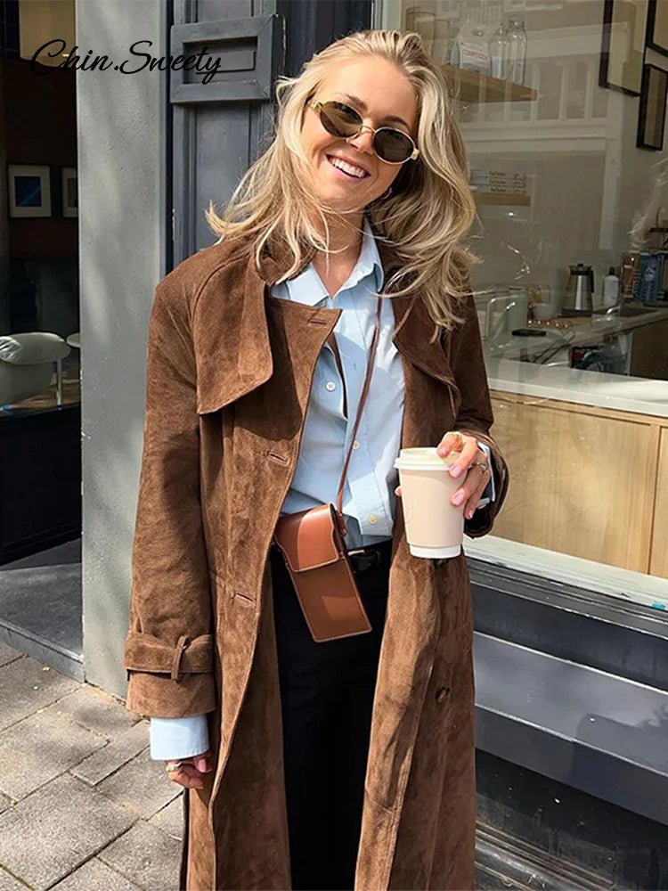 Elegant Suede Long Trench Coat Women Belt Double Breasted Full Sleeve Brown Windbreaker 2024 Autumn Lady Street Outwears New