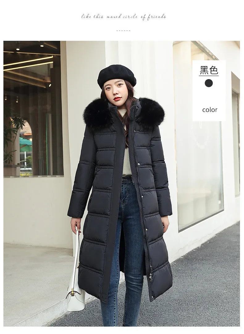 2024 Winter New Down Cotton Parkas Jacket Women's X-Long Faux Fur Collar Padded Jacket Thick Loose Large Size Padded Jacket