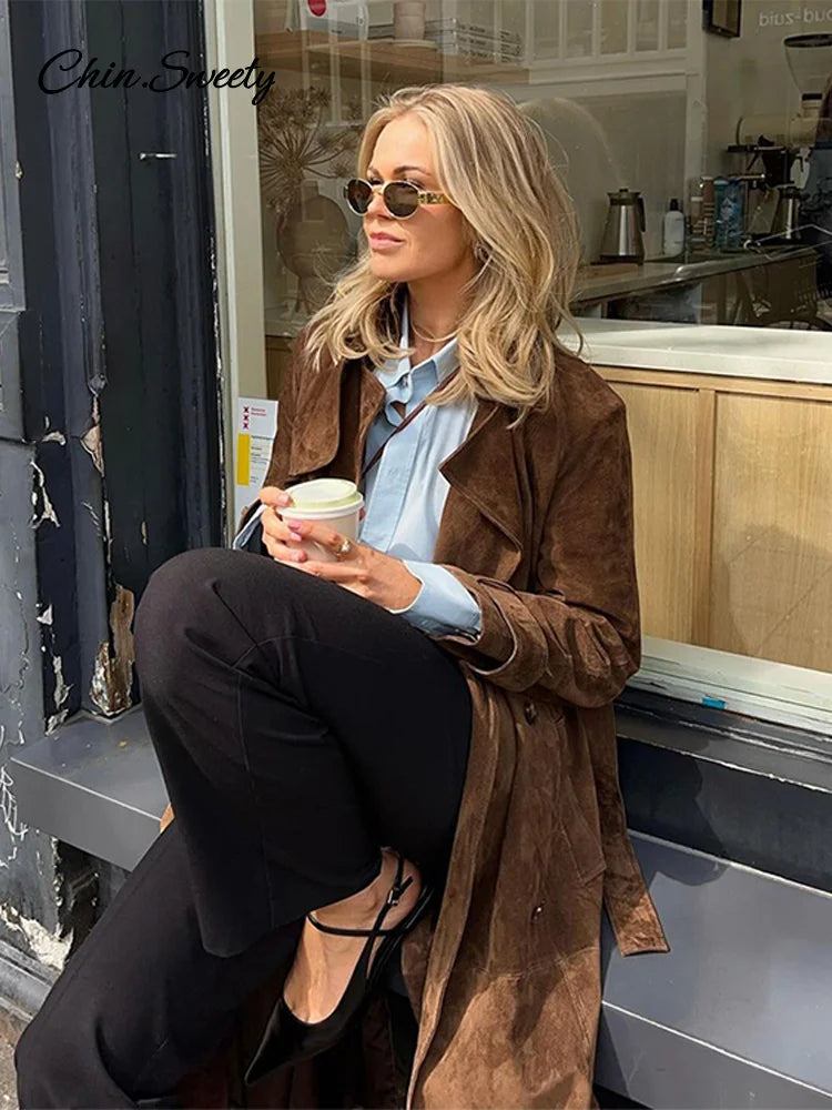 Elegant Suede Long Trench Coat Women Belt Double Breasted Full Sleeve Brown Windbreaker 2024 Autumn Lady Street Outwears New