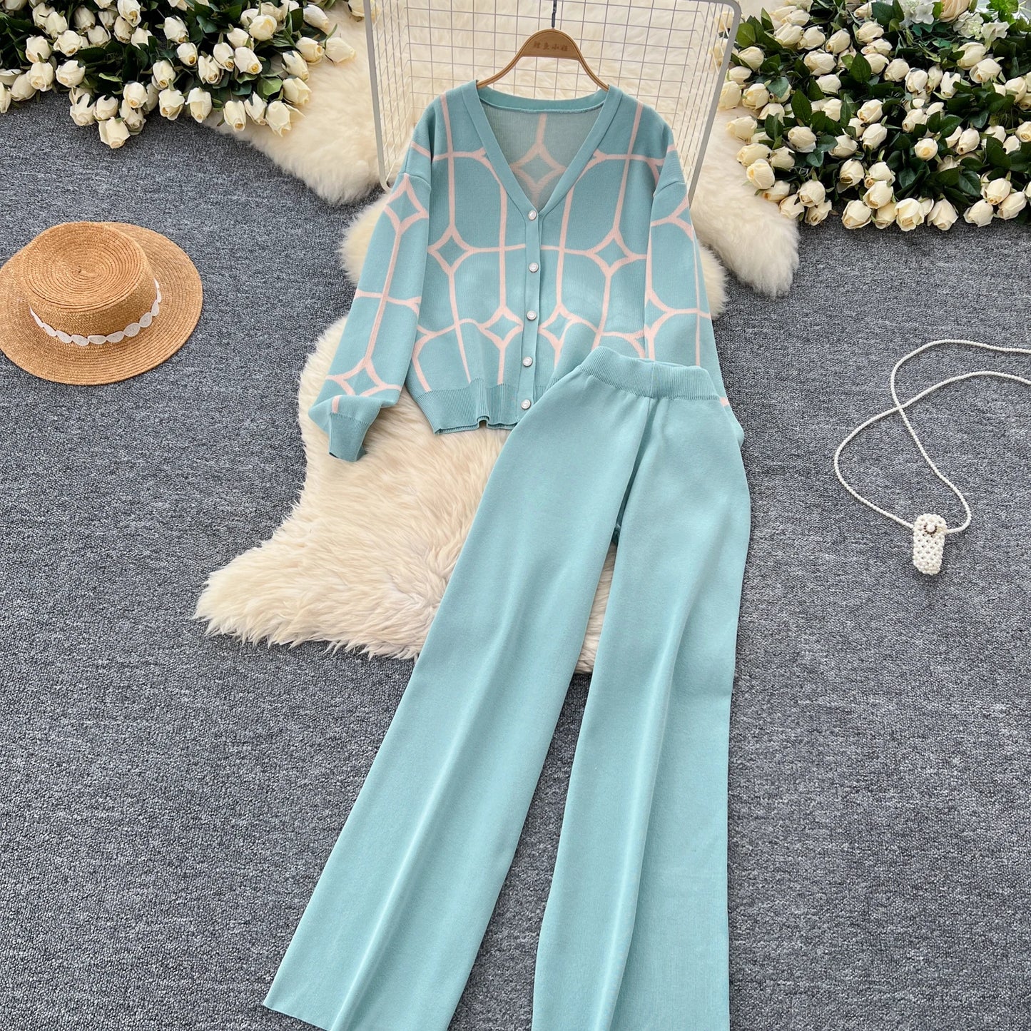 Knitted Two Piece Sets Women Autumn Winter Vintage Long Sleeved Printed Knitted Cardigan Sweater Wide Leg Pants Tracksuits