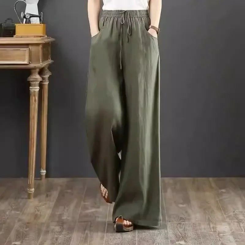 Wide Leg Pure Color Linen Pants For Women High Waist Drawstring Loose Fit Cotton Linen Trousers Plus Size White Long Pants