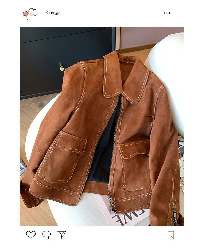 Autumn New Women's Collar Brown Pocket Jacket Coat