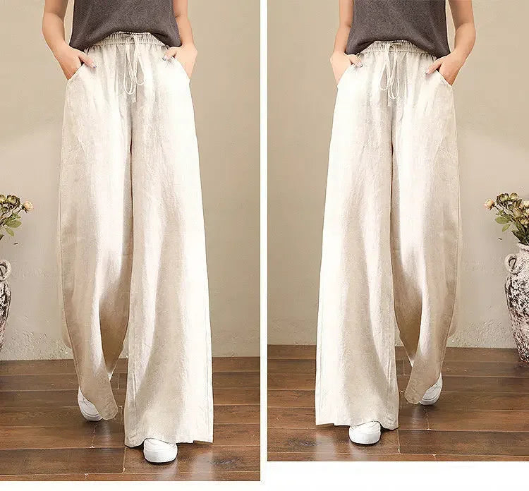 Wide Leg Pure Color Linen Pants For Women High Waist Drawstring Loose Fit Cotton Linen Trousers Plus Size White Long Pants