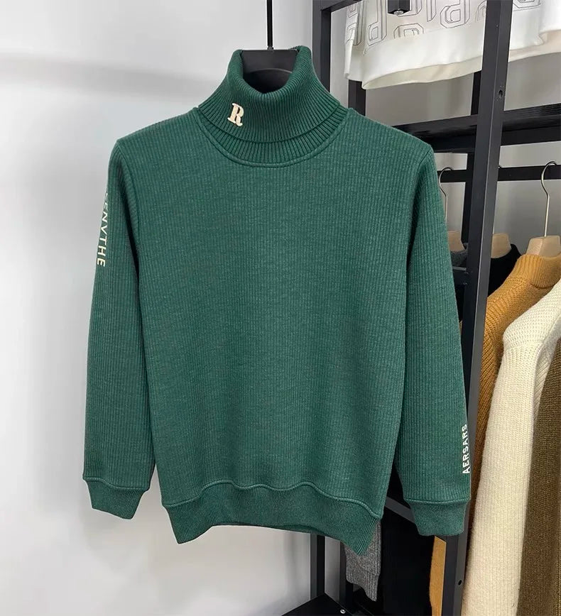 High end brand trend letter embroidery knitted sweater men's autumn winter new plush thickened casual warm high collar pullover