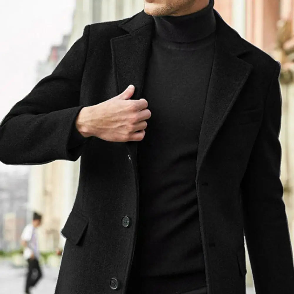 Flap Pocket Jacket Mid-length Warm Jacket Overcoat for Men with Lapel Flap Pockets Solid Color Single-breasted Suit for Winter