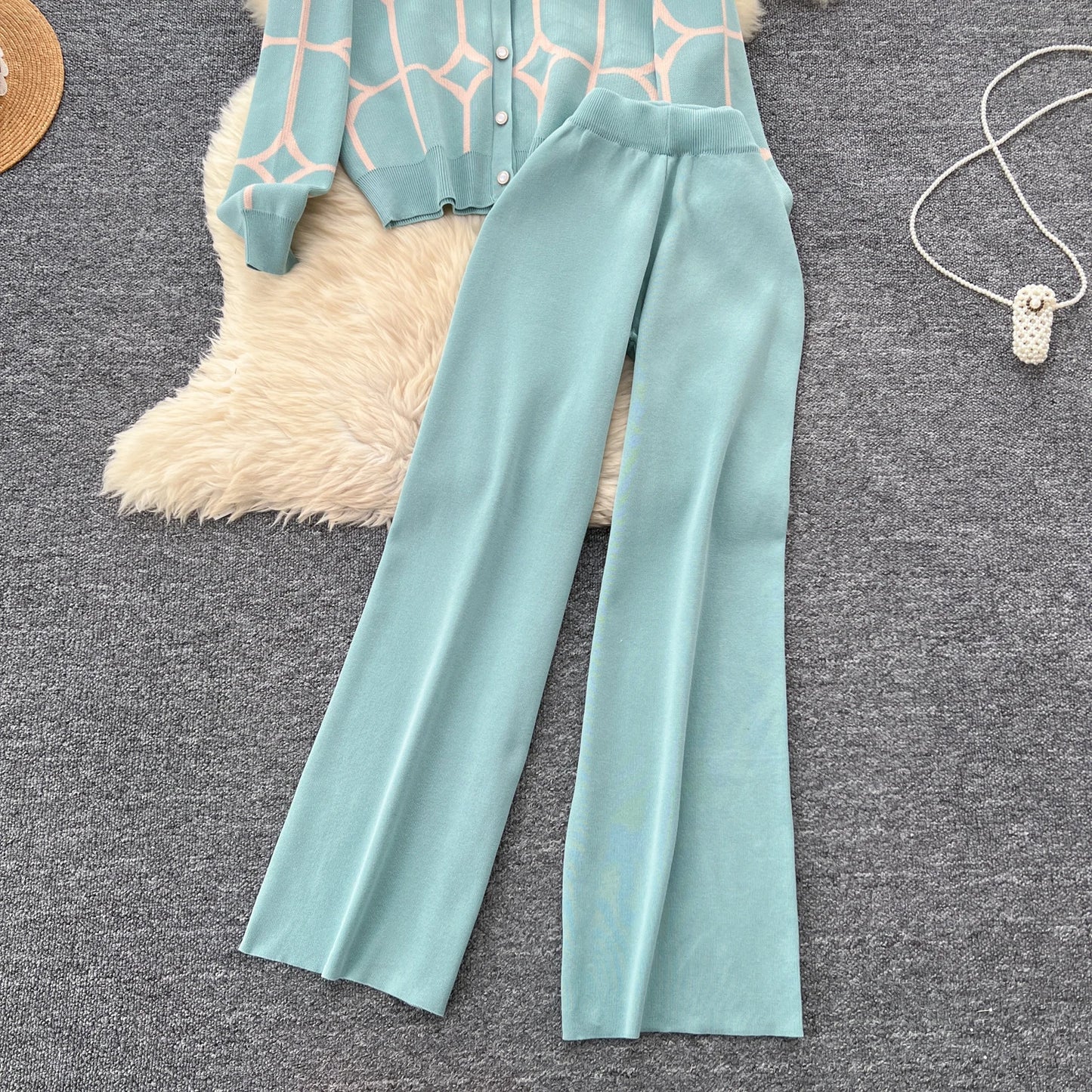 Knitted Two Piece Sets Women Autumn Winter Vintage Long Sleeved Printed Knitted Cardigan Sweater Wide Leg Pants Tracksuits