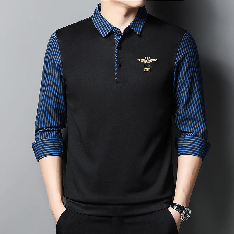 New Men's Casual and Fashionable Long Sleeved POLO Shirt with Contrasting Print Anti Wrinkle Top