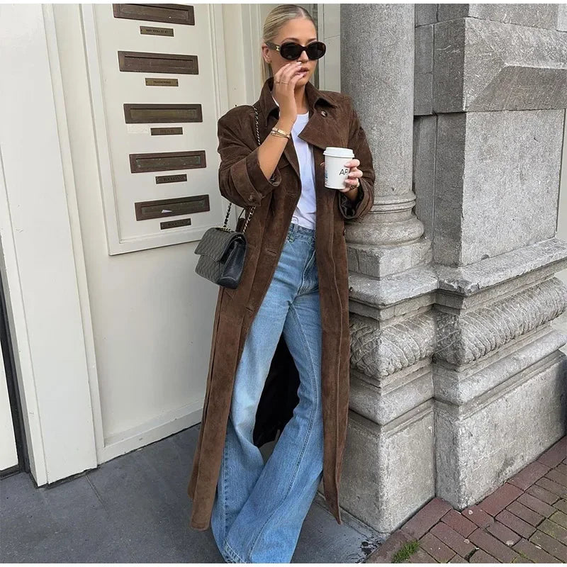 Elegant Suede Long Trench Coat Women Belt Double Breasted Full Sleeve Brown Windbreaker 2024 Autumn Lady Street Outwears New