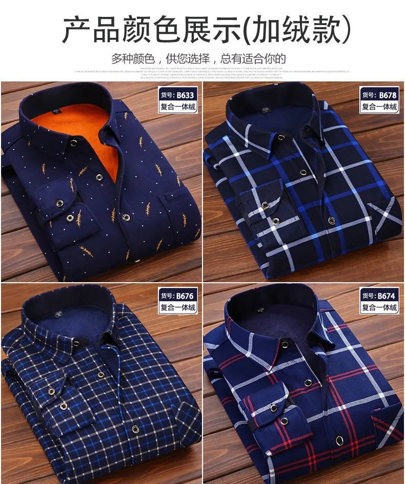 2024 Men's Winter Warm Long Sleeve Plaid Shirts Flannel Fur Lined Thick Formal Shirts Fleece Casual Shirt for Men Dress Shirts