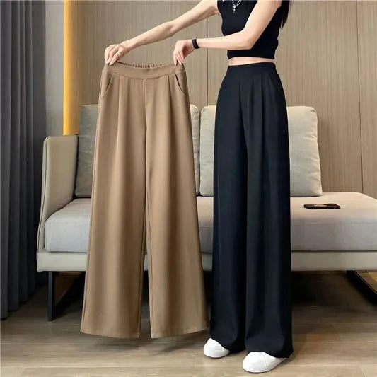 Fashion Elastic High Waist Pants Women 2024 Casual Loose Solid Color Straight Trousers Woman Basic Office Ladies Suit Pants