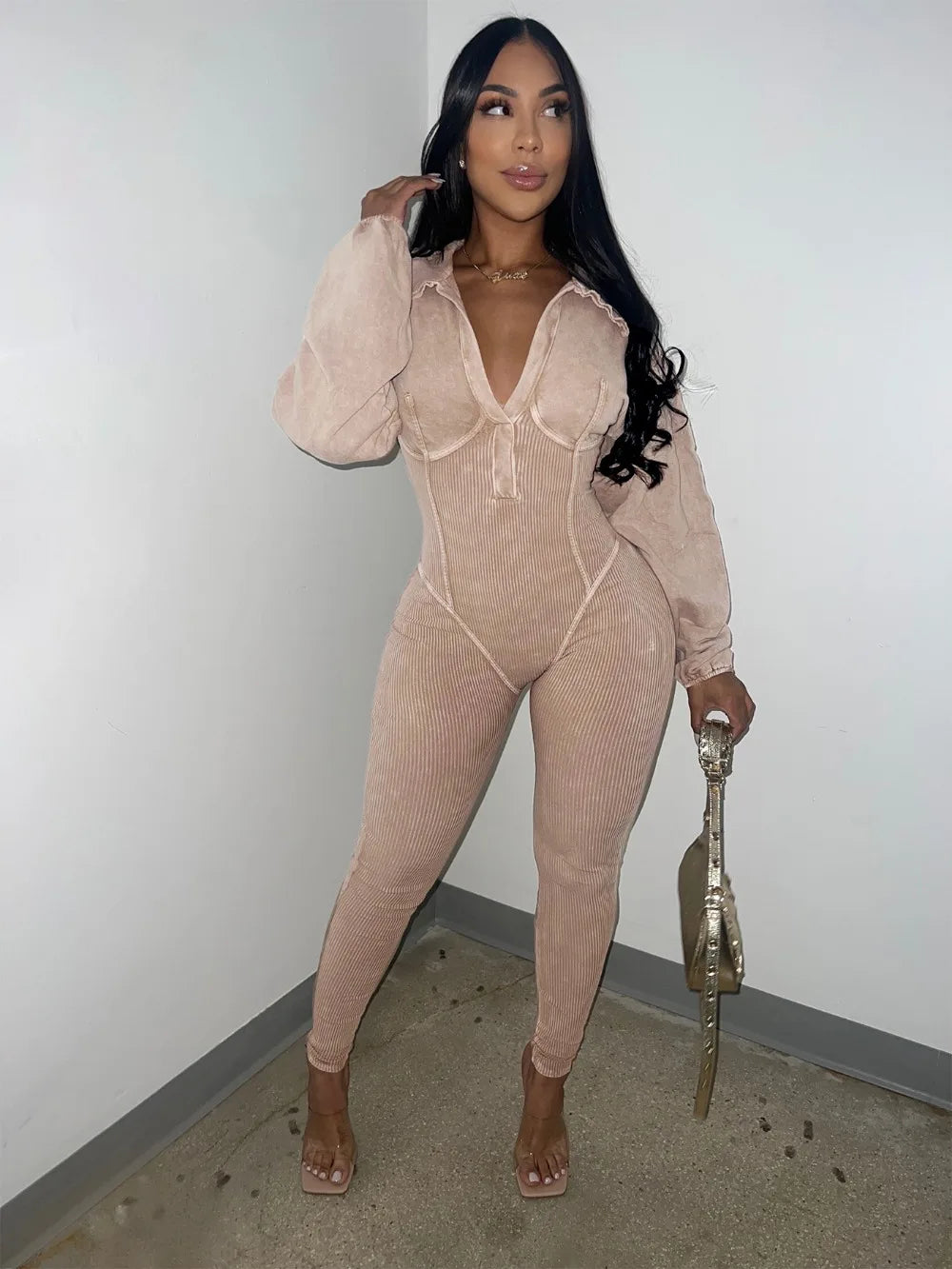 FAGADOER Fashion Solid High Quality Ribber Bodycon Jumpsuits Women V Neck Long Sleeve Slim Playsuits Female Elasticity Overalls