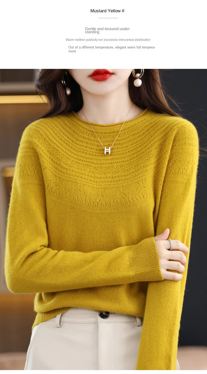 100% Merino Wool Knitted Sweater Autumn/Winter 2024 New Women's Round Neck Hollow Top 11 Color Pullover Versatile Coat NJR1107