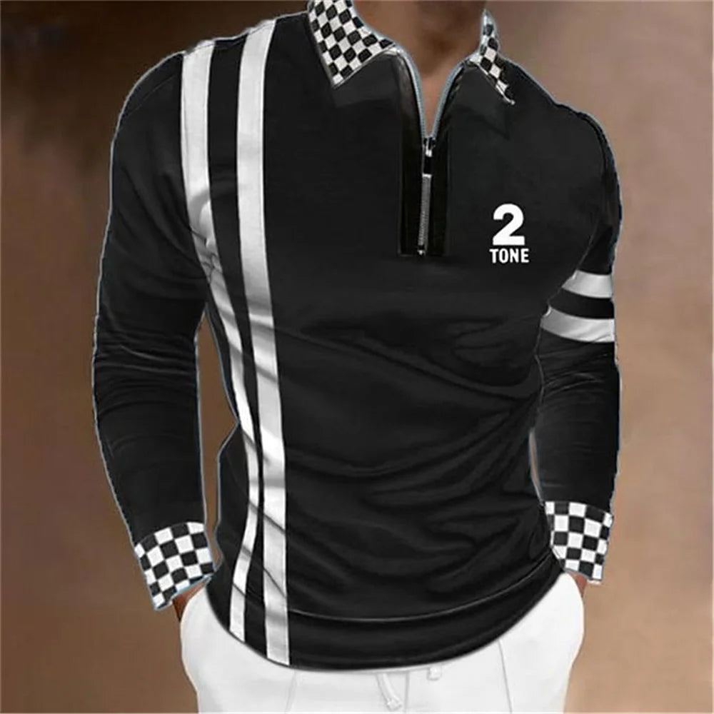 2024 New Fashion Men Long Sleeve Zipper Polo Shhirt , Abstract Appare  Men Casual Large Size Lapel Print Polo Shirt .