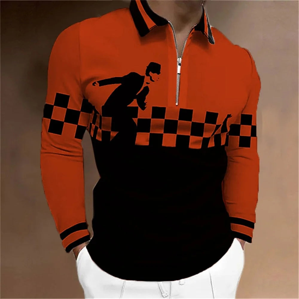 2024 New Fashion Men Long Sleeve Zipper Polo Shhirt , Abstract Appare  Men Casual Large Size Lapel Print Polo Shirt .