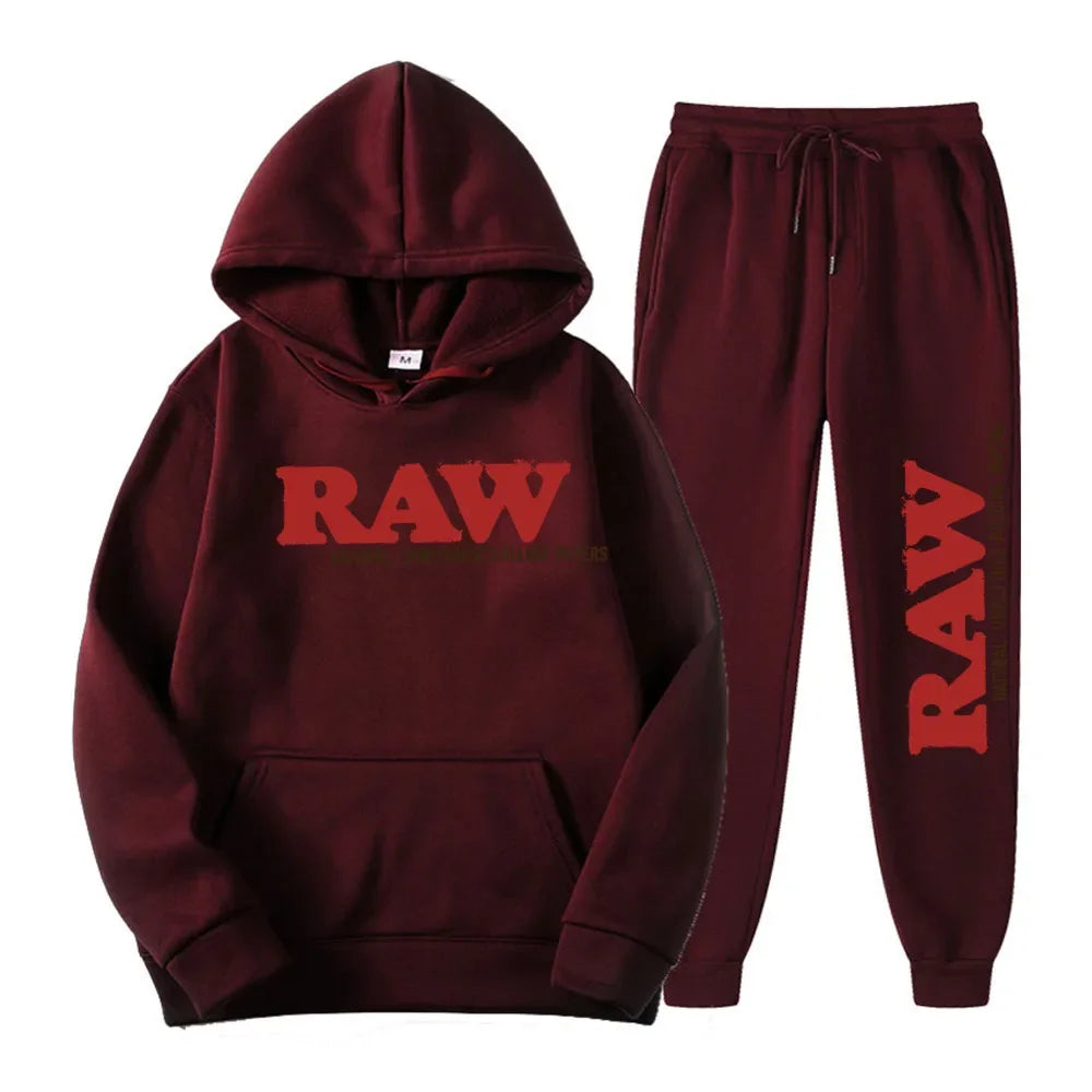 RAW Men's Set Hooded Fleece Hoodie Sweatpants Running Men's Two Pieces Set Autumn Winter Casual Woolen Sportswear Comfortable