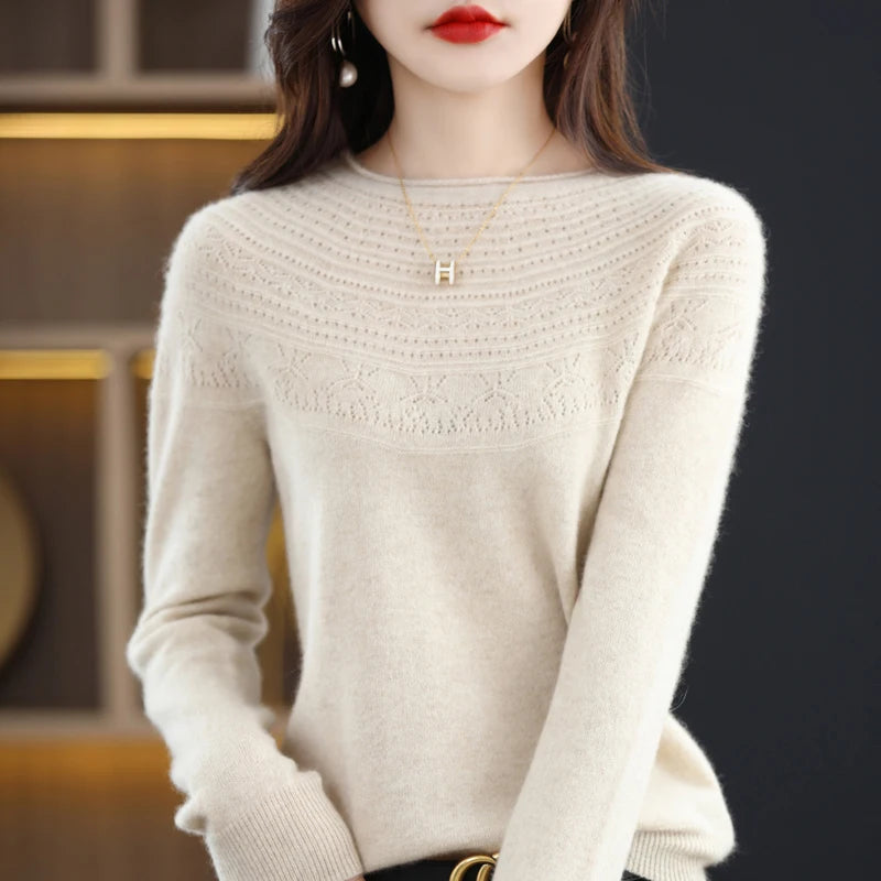 100% Merino Wool Knitted Sweater Autumn/Winter 2024 New Women's Round Neck Hollow Top 11 Color Pullover Versatile Coat NJR1107