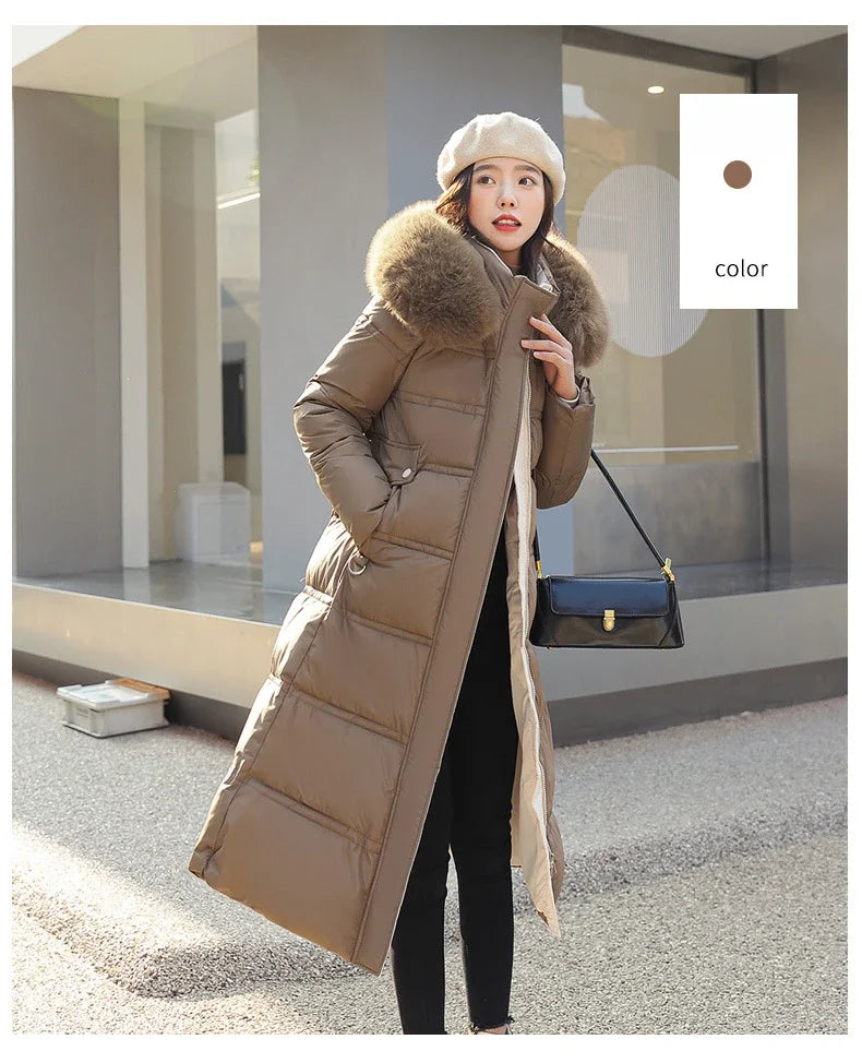 2024 Winter New Down Cotton Parkas Jacket Women's X-Long Faux Fur Collar Padded Jacket Thick Loose Large Size Padded Jacket