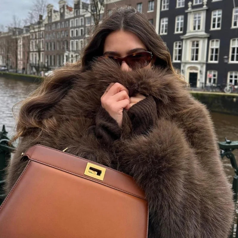 Luxury Brown Women Faux Fur Jacket Oversized Lapel Long Sleeve Warm Fluffy Coats 2024 Winter Female Loose Streetwear Outwears