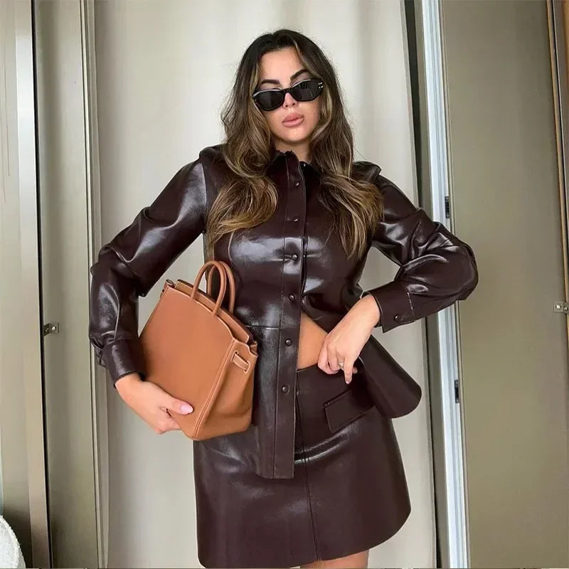 Fashion Women Leather Jacket Skirt Suit Elegant O-neck/lapel Single Breasted Female Coat High Waist Mini Skirts Ladies Sets