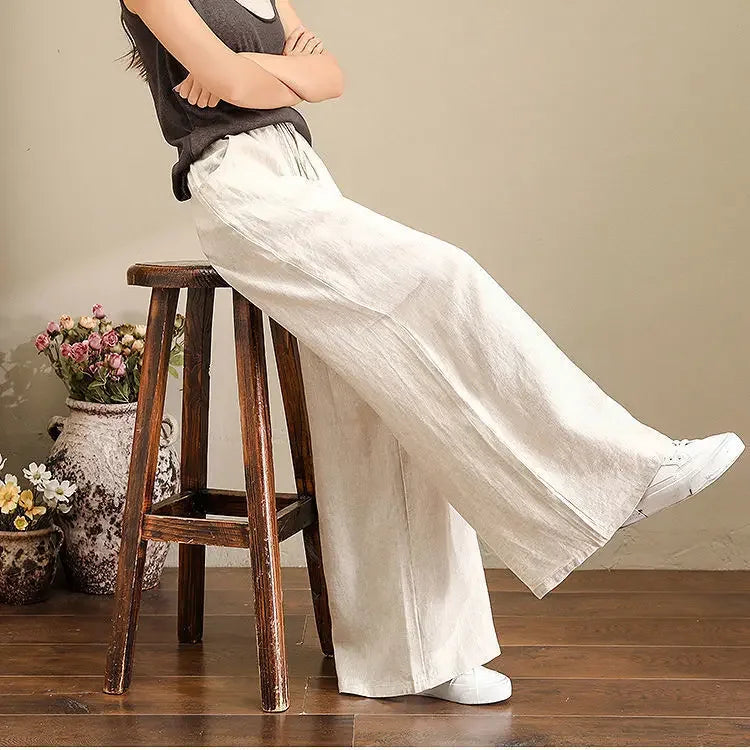 Wide Leg Pure Color Linen Pants For Women High Waist Drawstring Loose Fit Cotton Linen Trousers Plus Size White Long Pants