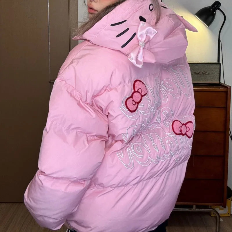 American Hello Kitty Cute Cartoon Embroidered Hooded Down Coat Y2k Sweet Zipper Cotton Jacket Women's Casual Versatile Clothes