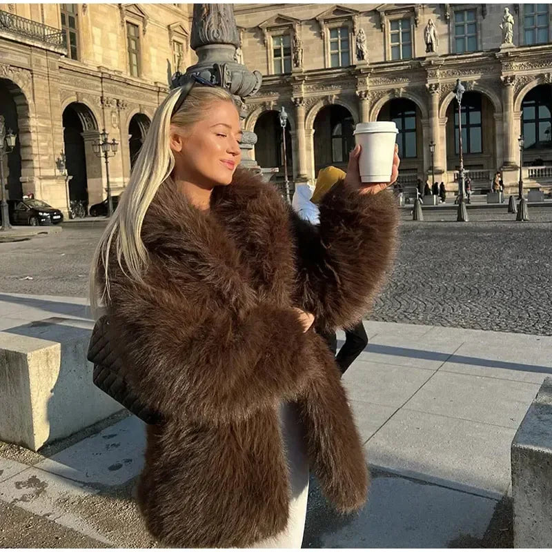 Luxury Brown Women Faux Fur Jacket Oversized Lapel Long Sleeve Warm Fluffy Coats 2024 Winter Female Loose Streetwear Outwears