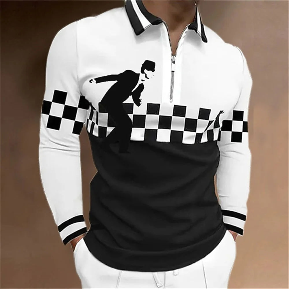 2024 New Fashion Men Long Sleeve Zipper Polo Shhirt , Abstract Appare  Men Casual Large Size Lapel Print Polo Shirt .