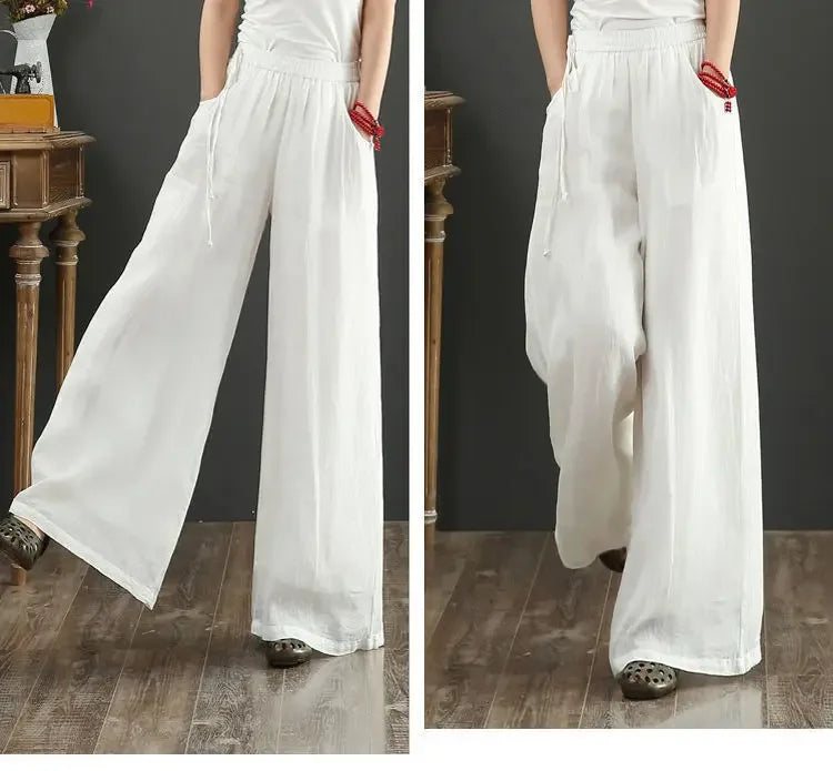 Wide Leg Pure Color Linen Pants For Women High Waist Drawstring Loose Fit Cotton Linen Trousers Plus Size White Long Pants