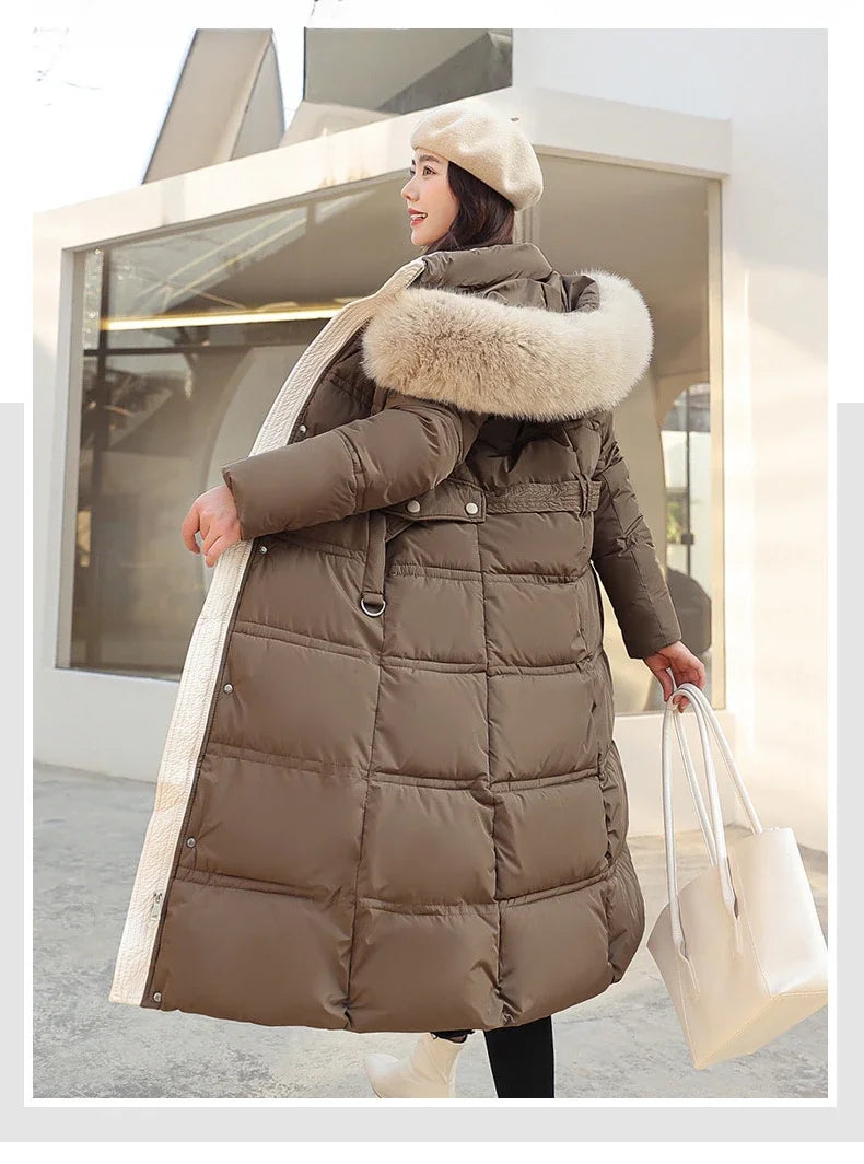 2024 Winter New Down Cotton Parkas Jacket Women's X-Long Faux Fur Collar Padded Jacket Thick Loose Large Size Padded Jacket