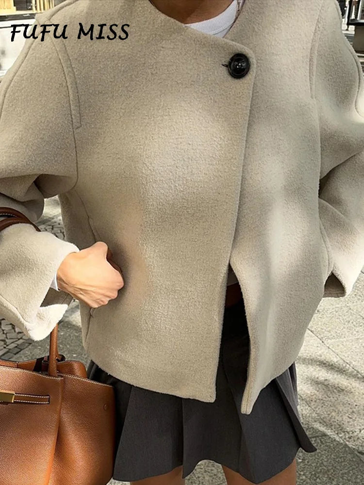 Elegant Solid Woolen Coat For Women O-neck One Button Long Sleeve Loose Jacket 2024 Autumn Lady Fashion Urban Commute Outwears