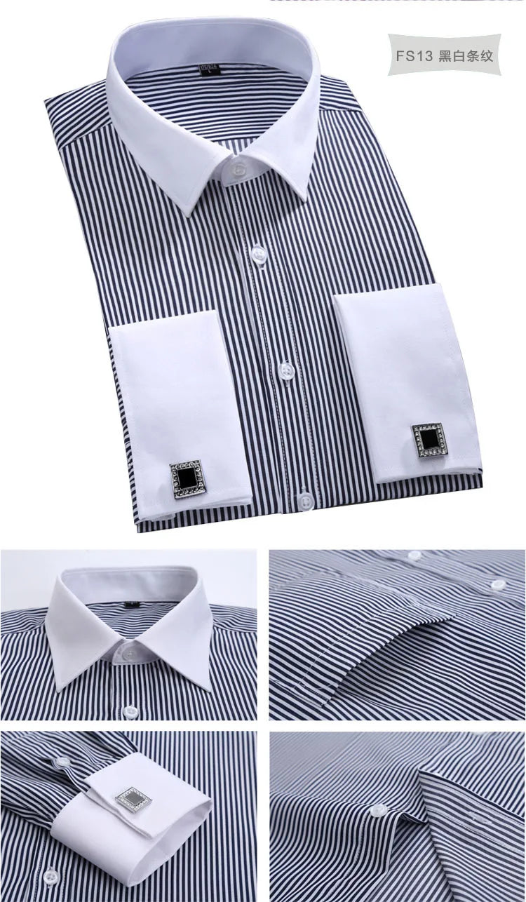 Men's Classic French Cuffs Social Dress Shirt Formal Business Standard-fit Long Sleeve Wedding Party Office Work White Shirts