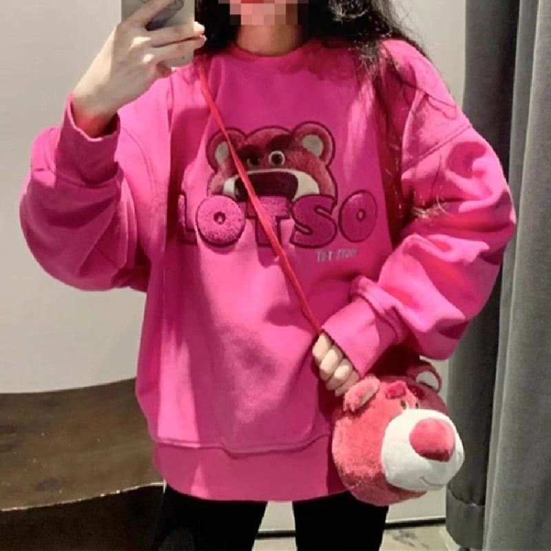 Disney Lotso Sweatshirts Y2K Cartoon Fashion Woman's Casual Printed Hooded Sweatshirt Autumn Winter Warm Loose Outdoor Tops Gift