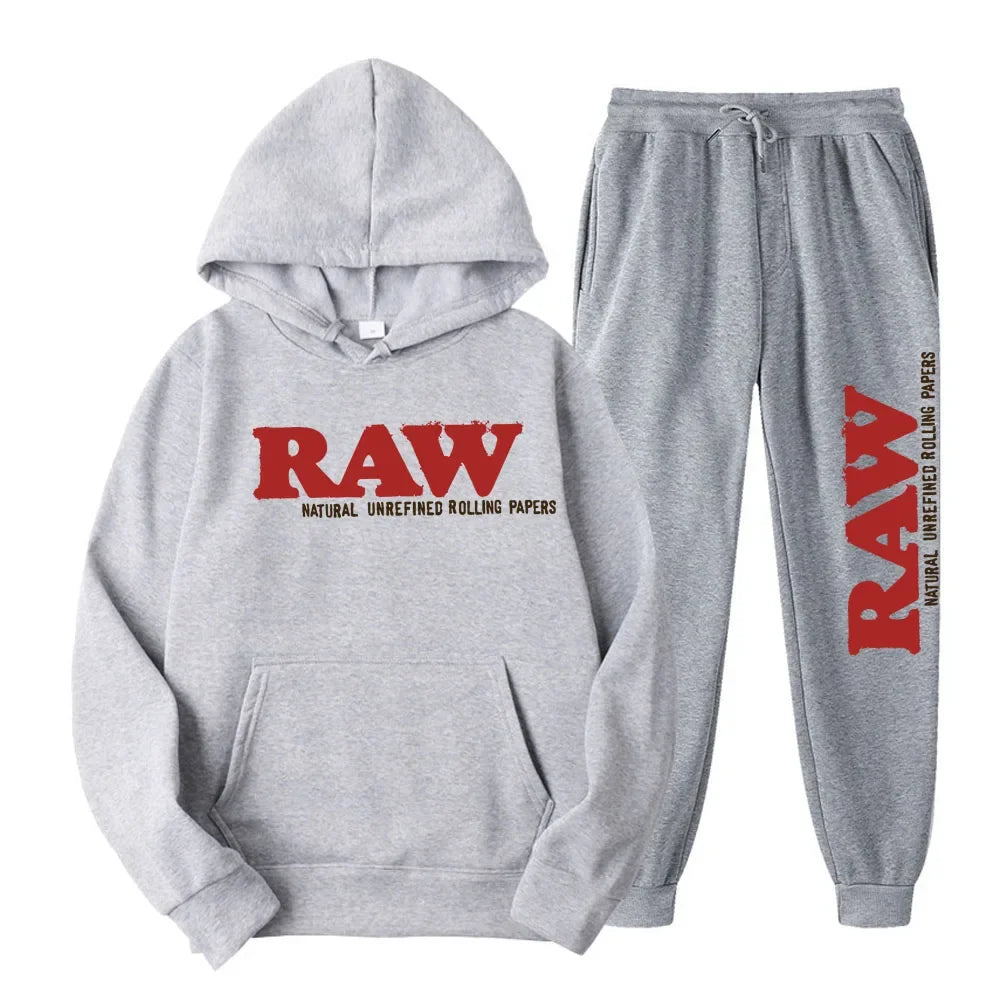 RAW Men's Set Hooded Fleece Hoodie Sweatpants Running Men's Two Pieces Set Autumn Winter Casual Woolen Sportswear Comfortable