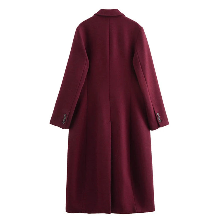 EAM Wine Big Size Casual Woolen Coat New Lapel Long Sleeve Double Breasted Women Jacket Fashion Tide Autumn Winter2024 30A2587